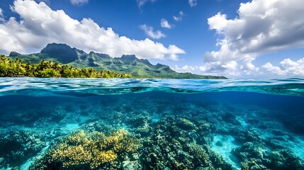 Naklejka premium Underwater coral reef with tropical mountains and sky