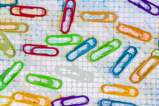 Clips de colores variados sobre una libreta con hojas cuadriculadas, creado con un filtro cuarteado de  Photoshop.