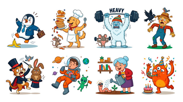 Colorful cartoon characters engaging in various fun and playful activities together always