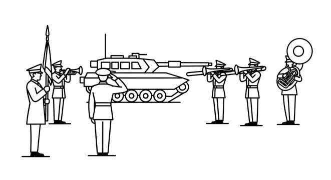 Military Parade: Tank, Band, and Honor Guard in Formation