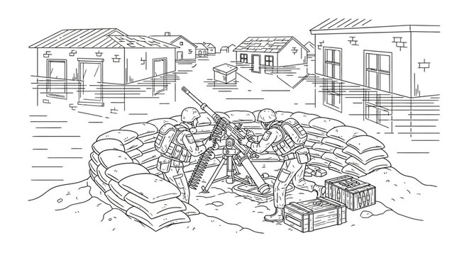 Military soldiers operating anti-aircraft gun in fortified position during wartime combat