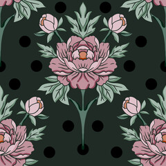 Moody Dark Floral Seamless Pattern with Pink Peonies and Bold Polka Dots in Vintage Art Deco Style © Marie