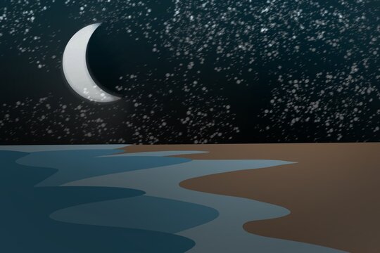 Moonlight Night Sea with Starry Sky View
