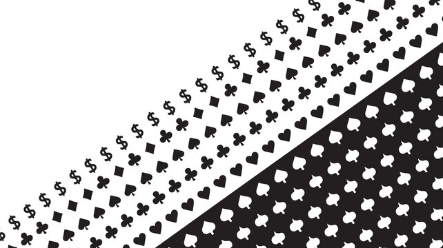 A high contrast black and white pattern featuring diagonal rows of various card suit symbols.