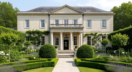 Obraz premium Elegant neoclassical mansion surrounded by meticulously maintained lush gardens and greenery