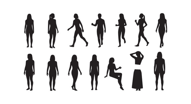 Group of female silhouettes in various poses, standing walking sitting, fashion people.