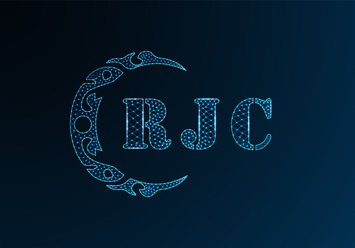 Low poly letter logo RJC design. RJC letter logo low poly vector design on blue color gradient background. RJC logo low poly design