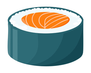 Fresh salmon sushi roll with dark seaweed nori wrap and bright orange fish slice on blue frame - Vector Illustration © powdesign