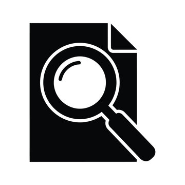 Document search icon in glyph style isolated on white background looking through file with magnifying glass.