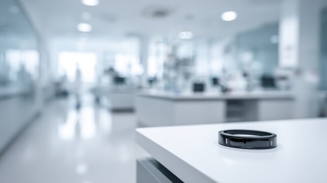 Smart fertility bracelet on clean countertop soft blue laboratory bokeh, premium alloy finish, startup engineer product evaluation, femtech prototype staged for clinical photography, minimal sterile
