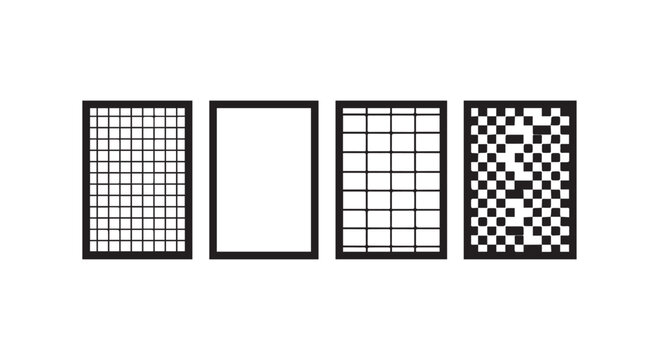 Set of minimalist geometric square grid patterns and textured monochromatic background collection for modern graphic layouts.