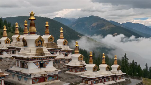 Druk Wangyal Chortens in the mist, celebrates victory against Assamese rebel groups, Dochula pass, Bhutan Dochula mountain pass, Himalayas, Bhutan: misty forest and the Druk Wangyal Chortens, 108 mem