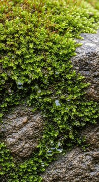 Green moss growing on a weathered stone surface.