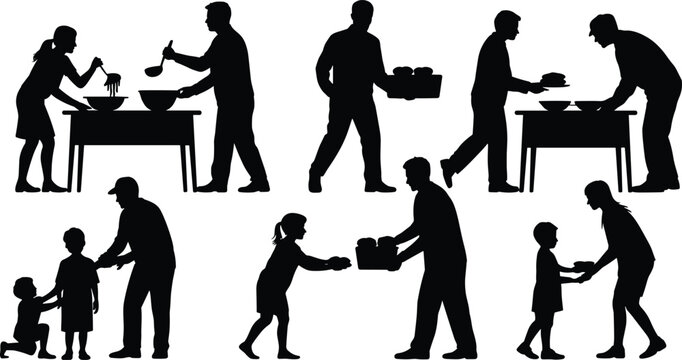 Silhouette illustration of community service people helping children, serving food, giving support, and showing kindness in humanitarian teamwork scene