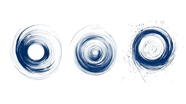 Abstract vector art showing three swirling circles with brushstroke texture in shades of blue