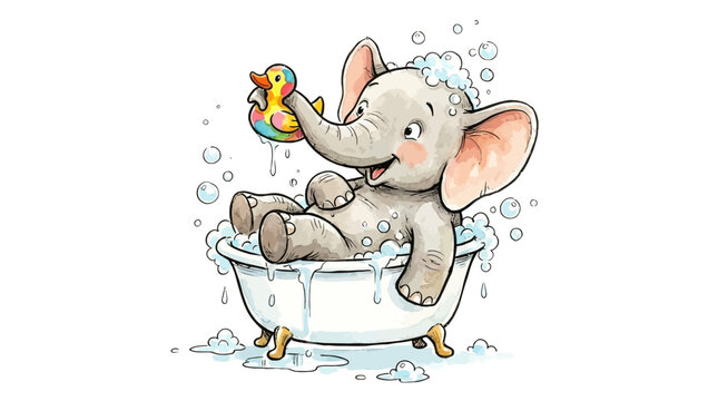 Cute cartoon elephant bathing in a tub with a rubber duck.