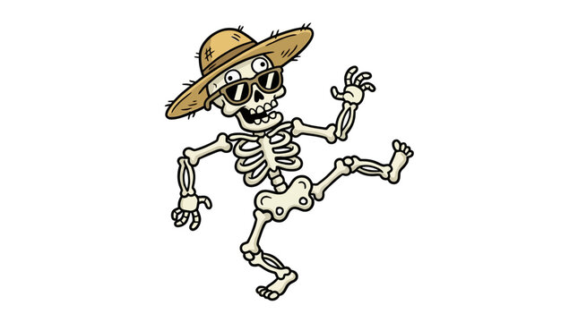 Cartoon skeleton wearing a straw hat and sunglasses dancing happily.