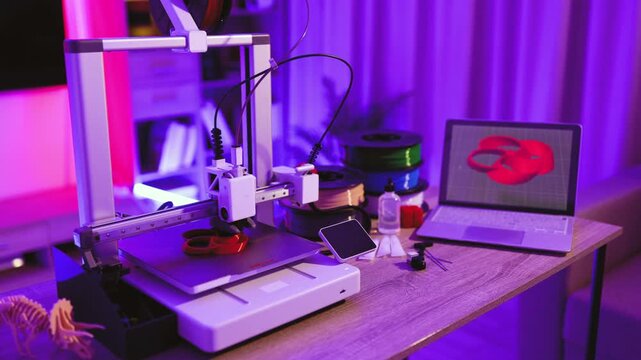 A modern 3D printer is set up on a wooden desk next to a laptop displaying a 3D model and spools of filament