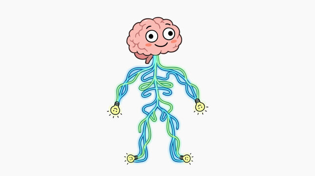 Cartoon illustration of a human brain character connected to a nervous system with glowing lightbulbs.
