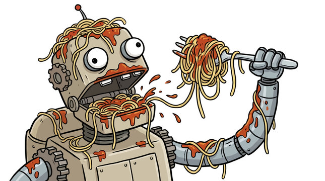 Funny robot eating a big bowl of messy spaghetti pasta.