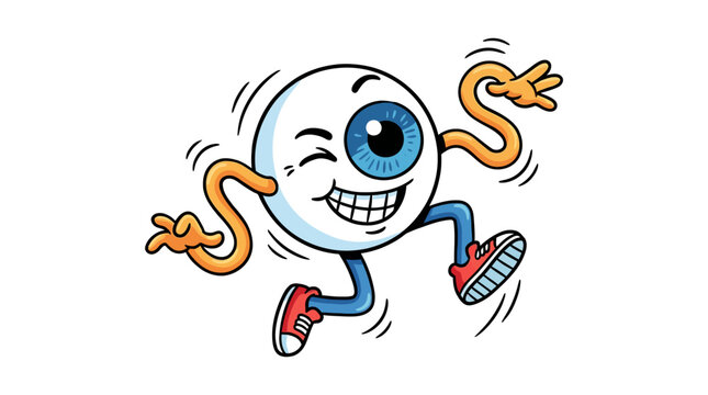 Cartoon eyeball character with arms and legs jumping happily.