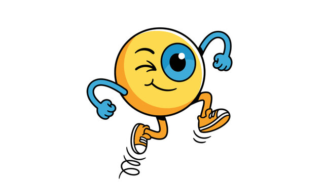 Cartoon character with a single blue eye winking and running.