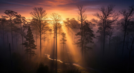Naklejka premium A serene sunrise over a misty forest with tall trees casting long shadows and a winding stream reflecting the golden light.