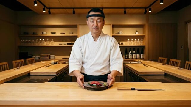 A master sushi chef stands alone in an empty restaurant before service, hands hovering above a pristine hinoki wood counter with a single perfect nigiri just placed, knife resting