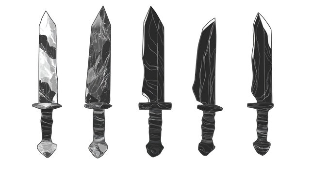 Black and white illustration of five different swords with textured blades and handles