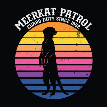 Meerkat Patrol Guard Duty - Alert meerkat silhouette standing on guard with retro striped sunset