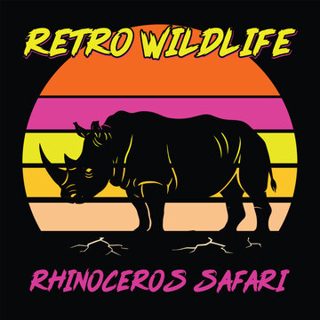 Retro Wildlife Rhinoceros Safari - Rhino silhouette with bold 80s synthwave sunset and neon text
