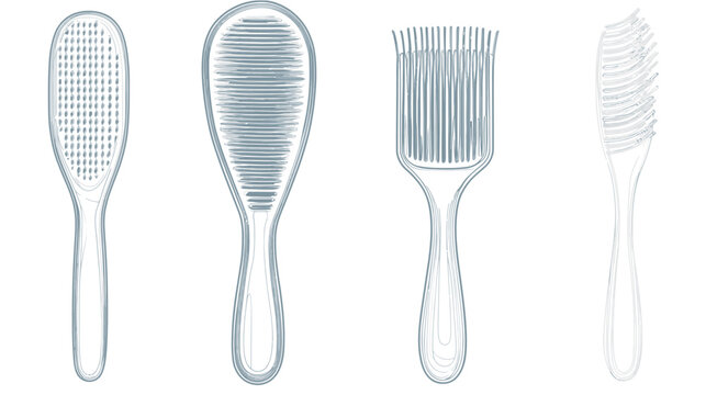 Four stylized grooming tools with varying shapes, drawn in a muted blue-gray color