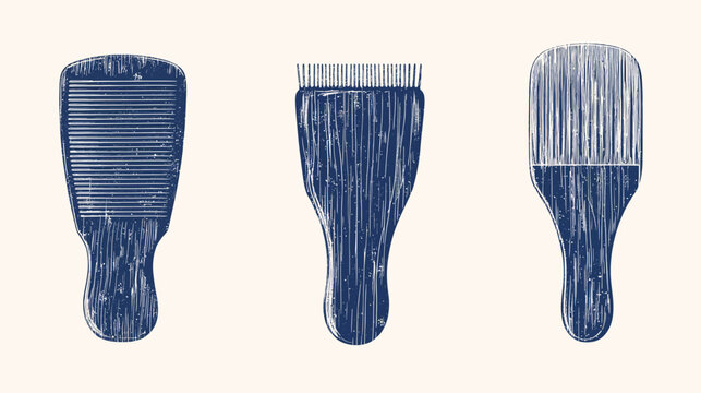 Three stylized, dark blue combs or brushes, set against a cream-colored backdrop, graphic art