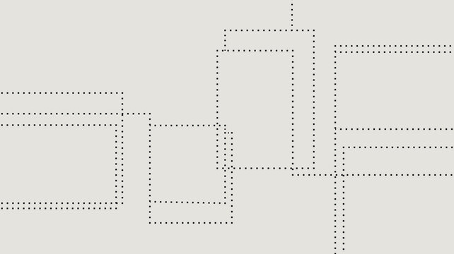 Minimalist composition featuring overlapping rectangular frames made of dotted line patterns