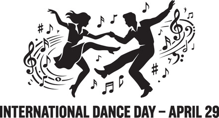 Obraz premium International Dance Day vector illustration with energetic dancers surrounded by musical notes and rhythmic design
