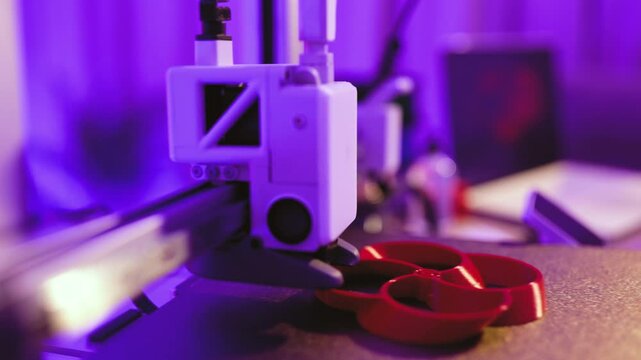 A close-up shot of a 3D printer head depositing molten plastic to create a small red object on a textured surface under purple lighting
