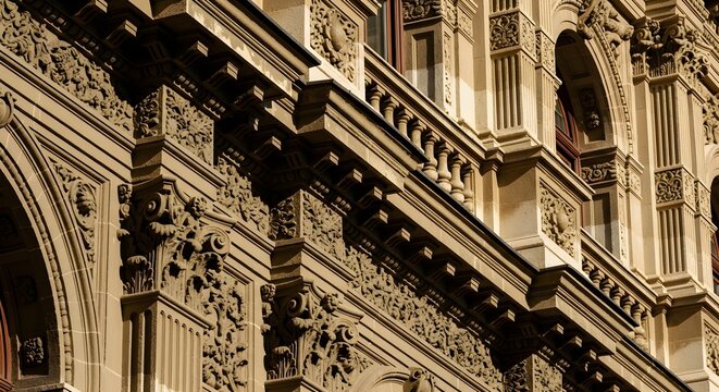 Warm golden light grazing richly carved historic stone facade with layered cornices, arched openings and dense floral ornament, revealing the powerful depth, rhythm and craftsmanship of grand European