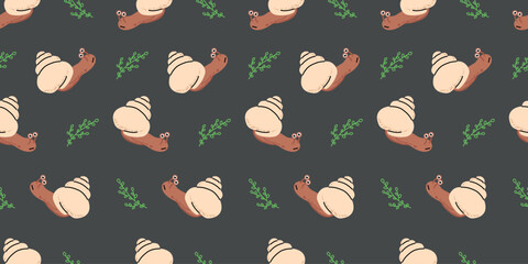 Cute snail seamless pattern with beige shell and leaves on dark background © Mariana