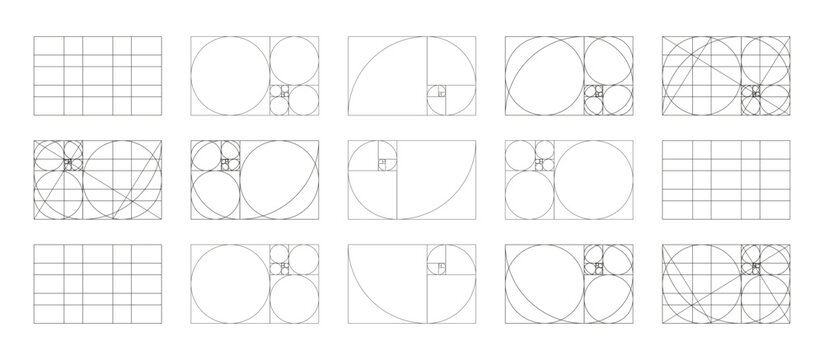 Golden ratio layouts. Fibonacci array, numbers form mockups. Harmony proportions frame samples. Set of Golden Spiral simple patterns. Method golden section templates. Outline thin graphic black icons.