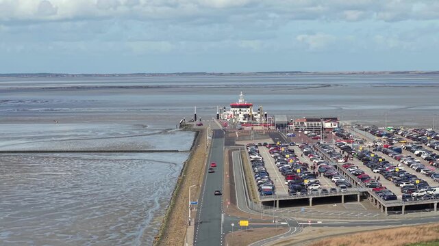 Aerial view of ferry terminal Holwerd to Ameland Wadden Sea