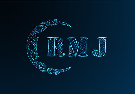 Low poly letter logo RMJ design. RMJ letter logo low poly vector design on blue color gradient background. RMJ logo low poly design