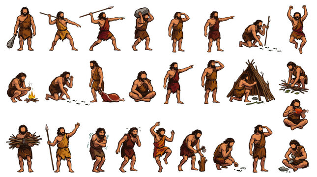 Collection of pixel art illustrations depicting various activities of prehistoric humans in different poses and scenarios.