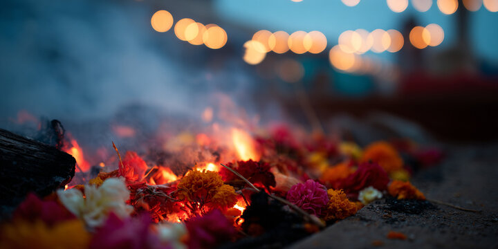 Burning Flower Offering in Sacred Fire Ritual at Dusk with Warm Bokeh Lights