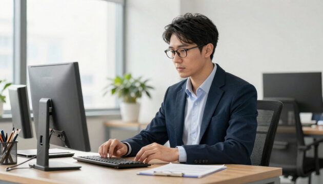 asian businessman working on computer isolated on transparent background