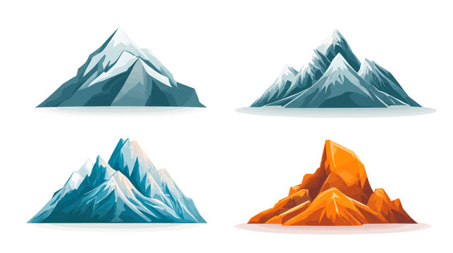 Four stylized mountain illustrations in various colors, appearing to float on a white background