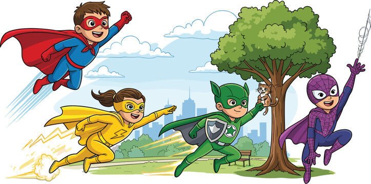 Superhero Kids in Colorful Costumes Saving the Environment with Action-Packed Adventures, Fun Cartoon Character Illustration