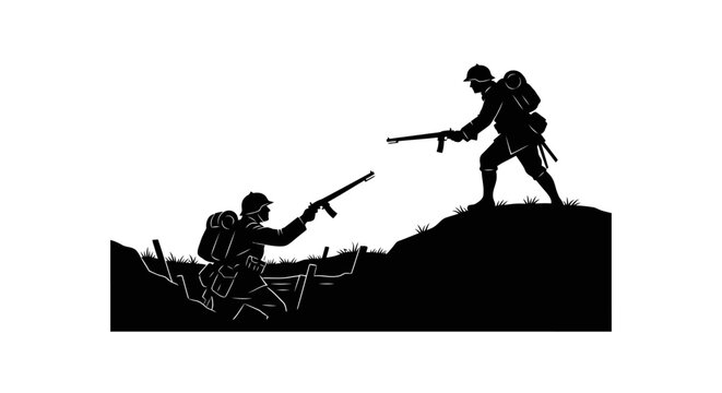 Silhouette of Soldiers in Trench Warfare, WWI Era, with Rifles