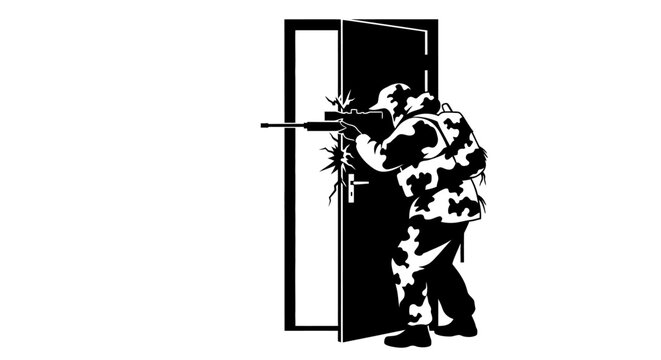 Soldier in camouflage aiming rifle through open door, tactical entry, combat readiness