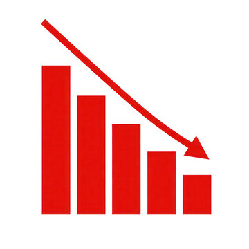 Declining bar graph with arrow pointing down isolated on transparent background