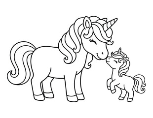 Fototapeta premium Unicorn mother and baby touching noses lovingly for kids coloring page